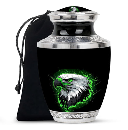 Onyx Black Eagle Cremation Urn side profile showing urn shape - stylized abstract eagle pattern with bold lines - full-size 10 inch 200 cubic inch adult cremation urn