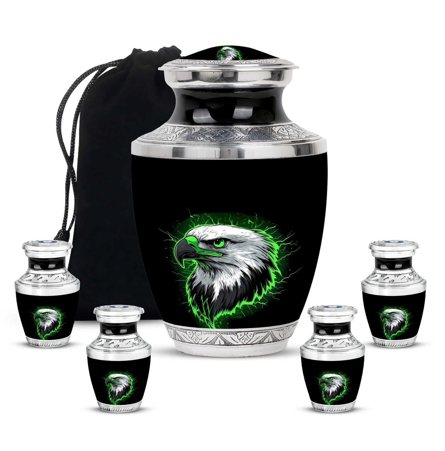 Ebony Eagle Cremation Urn lifestyle display on memorial shelf - modern art-inspired eagle motif on sleek aluminum - memorial set with one large and four small urns