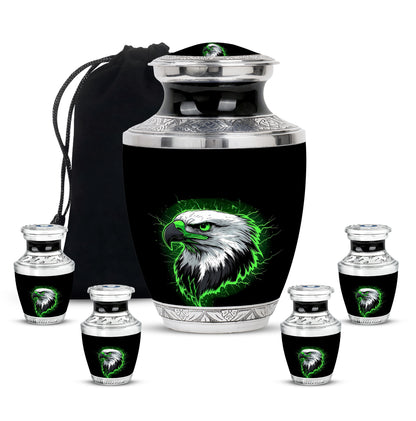 Ebony Eagle Cremation Urn lifestyle display on memorial shelf - modern art-inspired eagle motif on sleek aluminum - memorial set with one large and four small urns