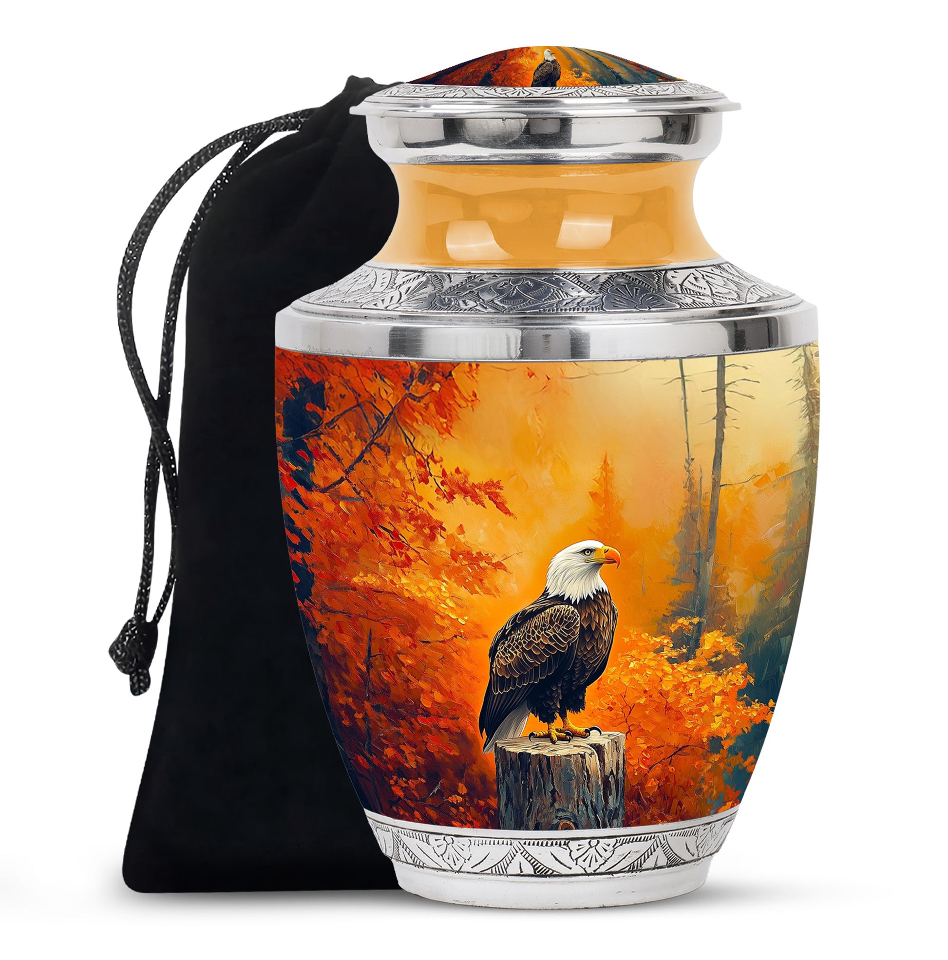 Sunrise Gold Eagle Cremation Urn side profile showing urn shape - modern art-inspired eagle motif on sleek aluminum - full-size 10 inch 200 cubic inch adult cremation urn