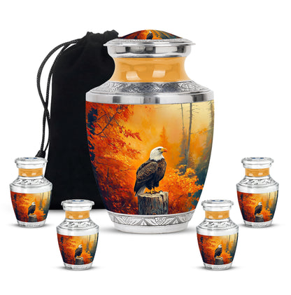 Harvest Gold Eagle Cremation Urn lifestyle display on memorial shelf - artistic eagle interpretation with creative detail - memorial set with one large and four small urns