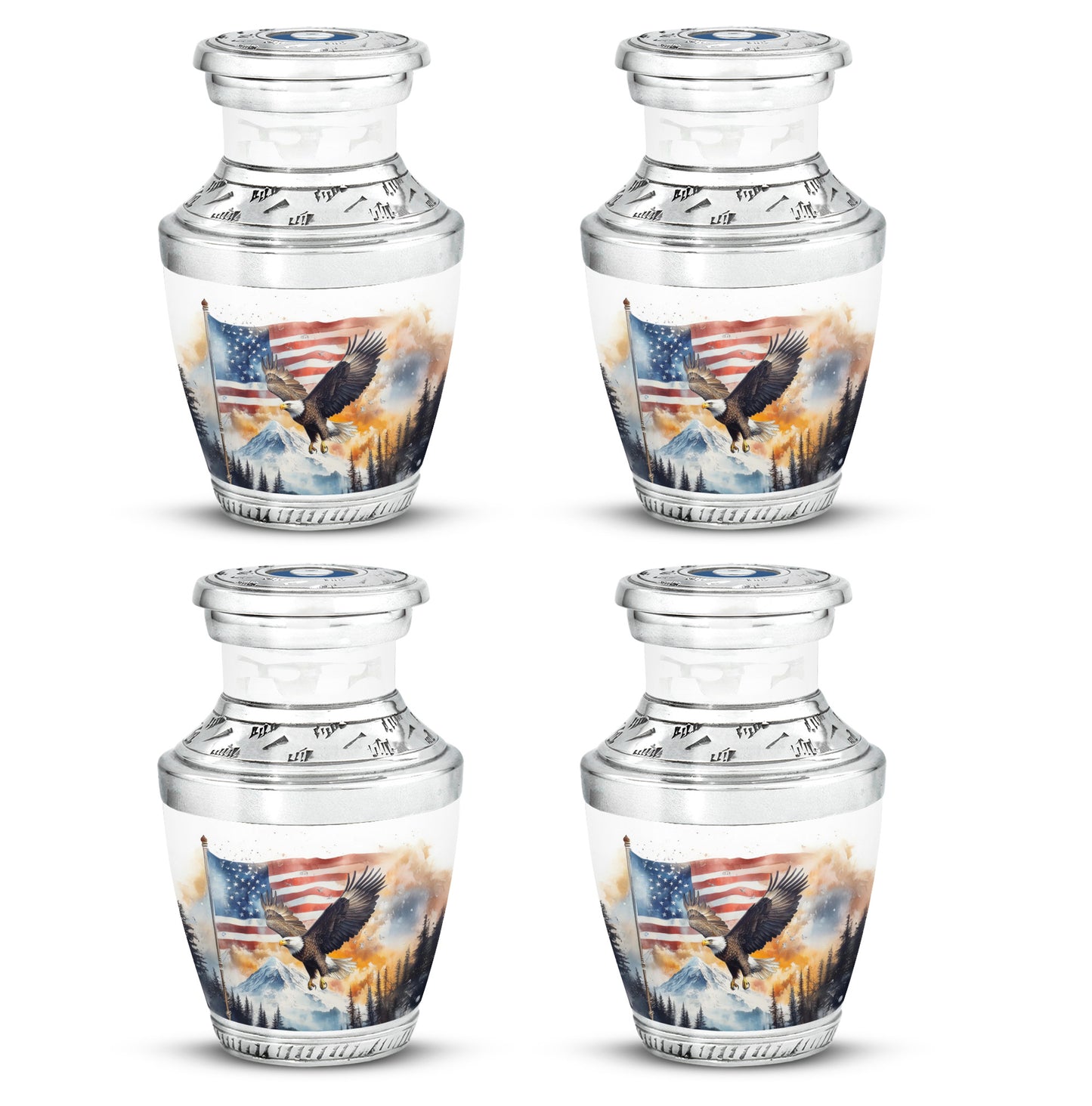 Antique Silver Eagle Cremation Urn back view with polished surface - stylized abstract eagle pattern with bold lines - 10 inch aluminum urn for cremated remains