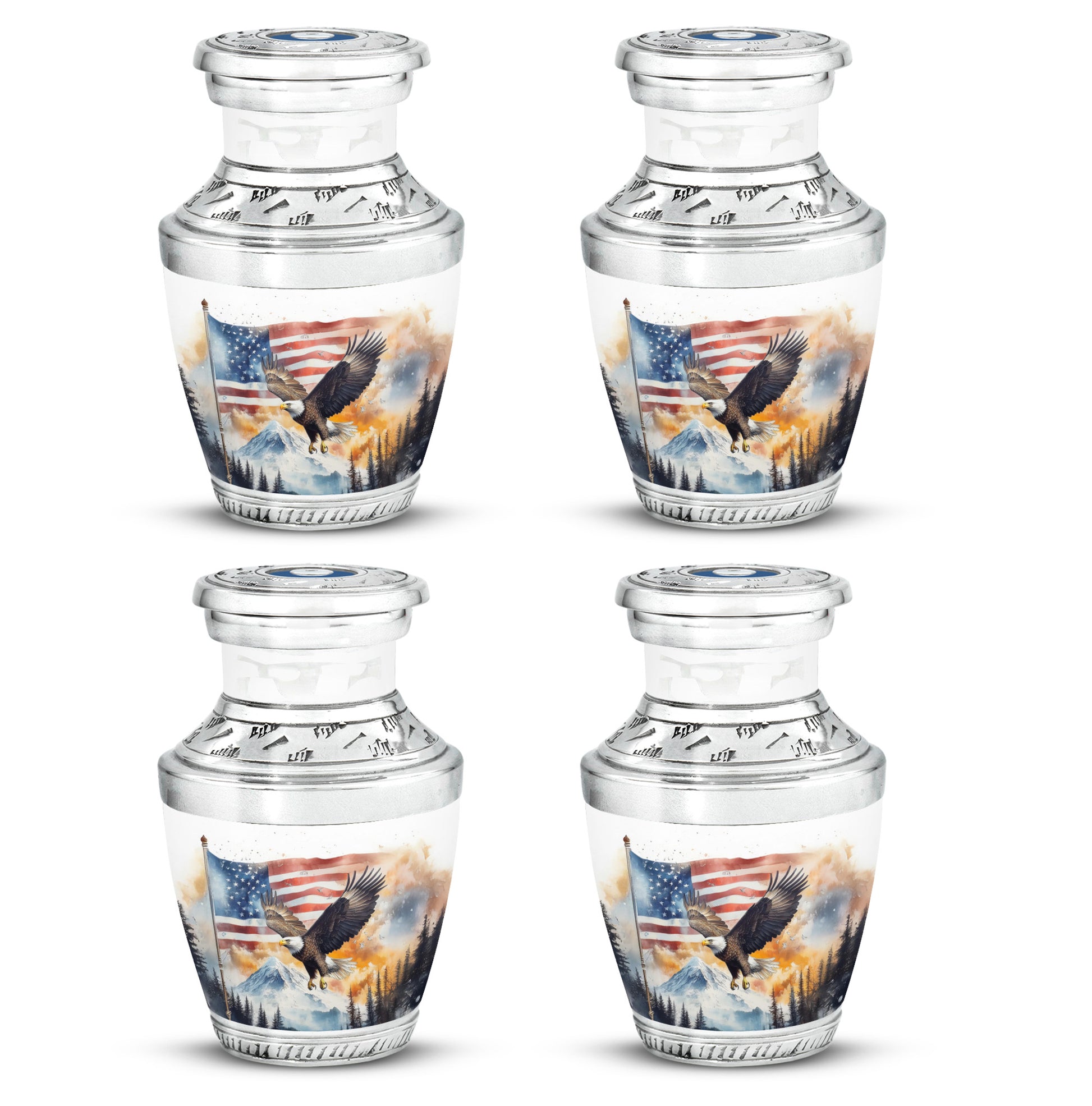 Antique Silver Eagle Cremation Urn back view with polished surface - stylized abstract eagle pattern with bold lines - 10 inch aluminum urn for cremated remains