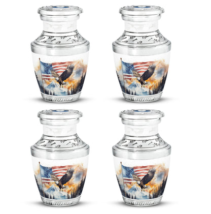 Antique Silver Eagle Cremation Urn back view with polished surface - stylized abstract eagle pattern with bold lines - 10 inch aluminum urn for cremated remains