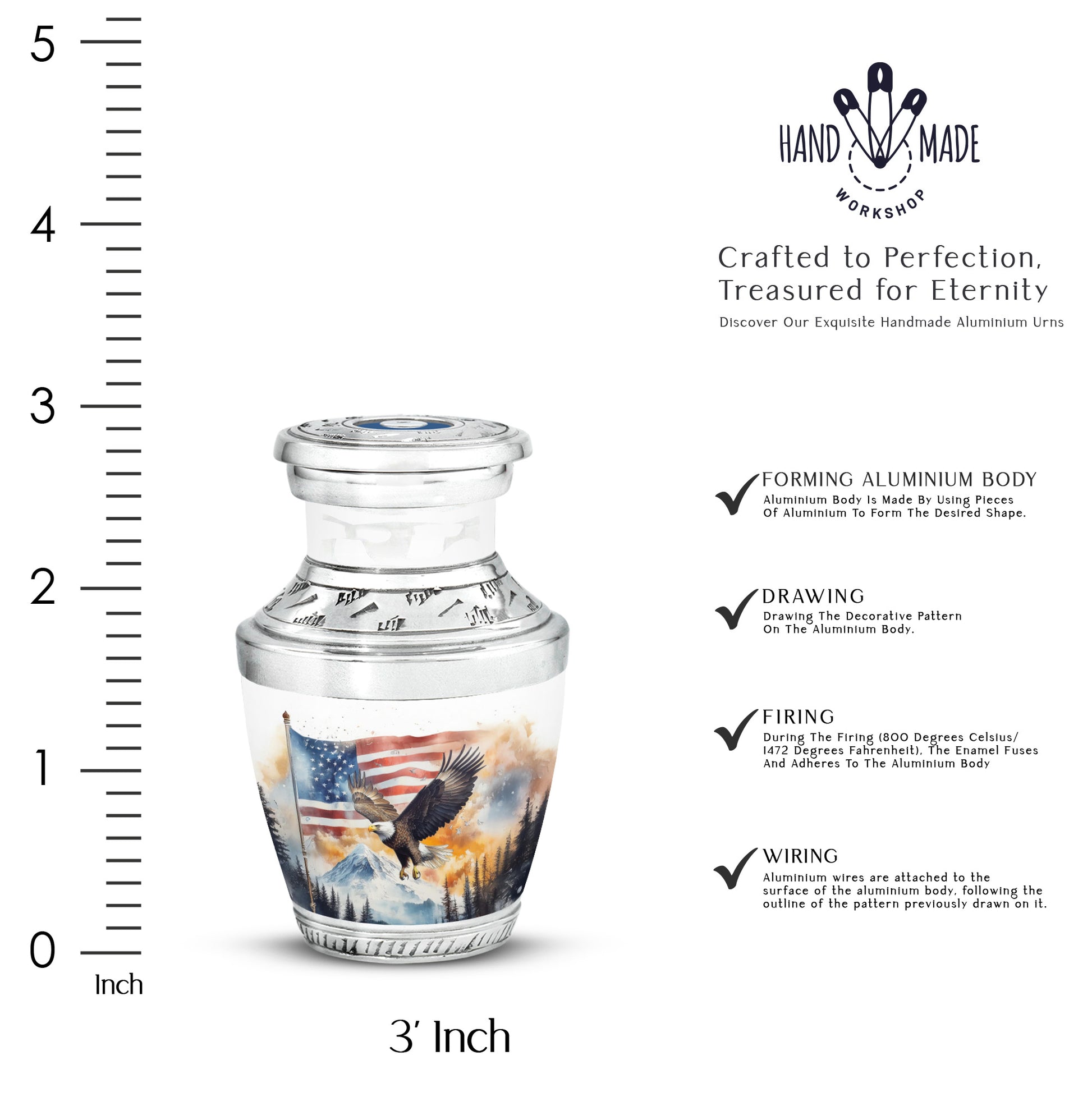 Chrome Silver Eagle Cremation Urn top-down view of secure threaded lid - artistic eagle interpretation with creative detail - mini keepsake memorial for portion of cremation ashes