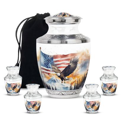 Sterling Silver Eagle Cremation Urn lifestyle display on memorial shelf - modern art-inspired eagle motif on sleek aluminum - memorial set with one large and four small urns