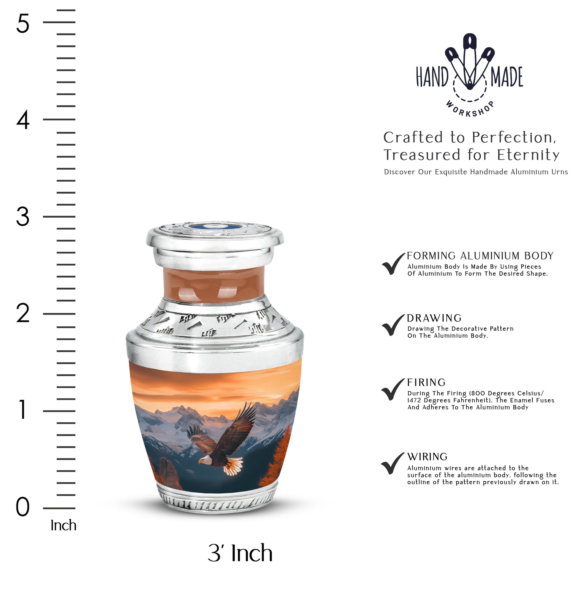 Antique Gold Eagle Cremation Urn top-down view of secure threaded lid - contemporary eagle design with modern artistic flair - mini keepsake memorial for portion of cremation ashes