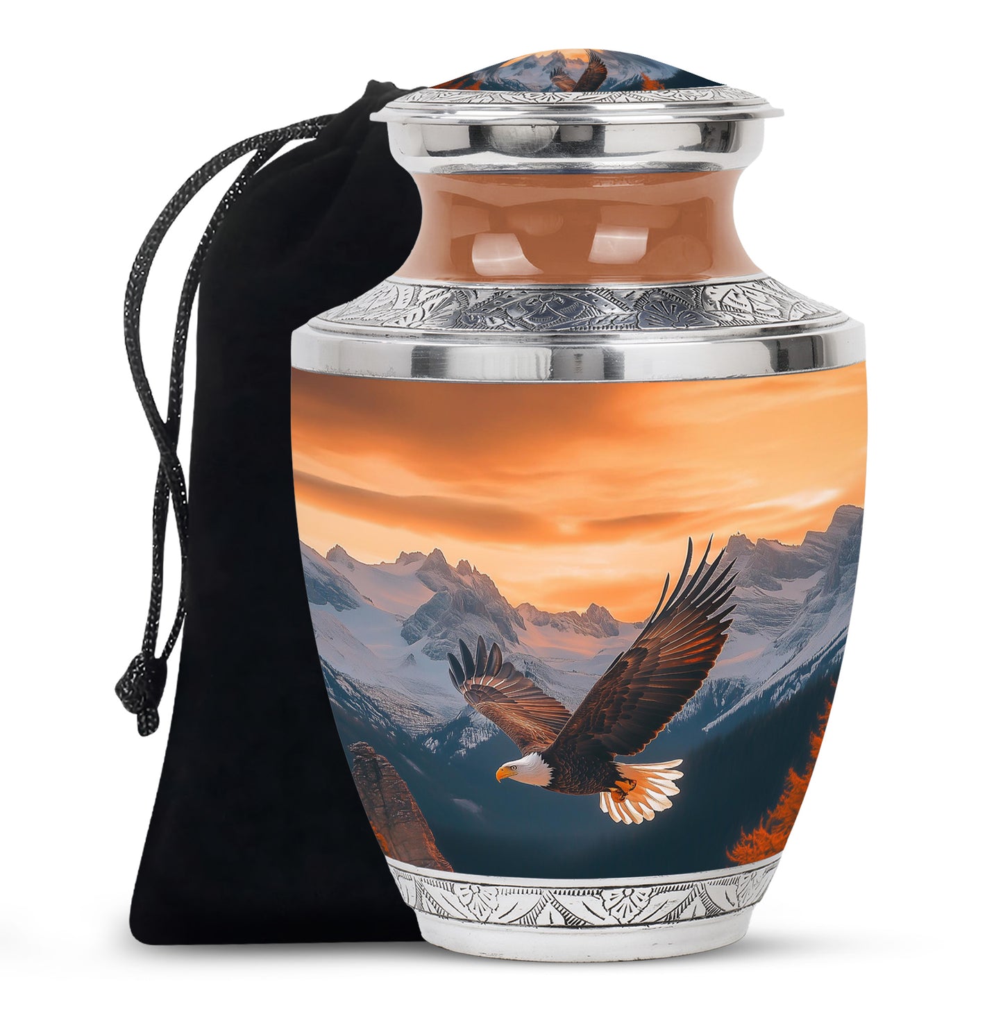 Matte Gold Eagle Cremation Urn side profile showing urn shape - artistic eagle interpretation with creative detail - full-size 10 inch 200 cubic inch adult cremation urn