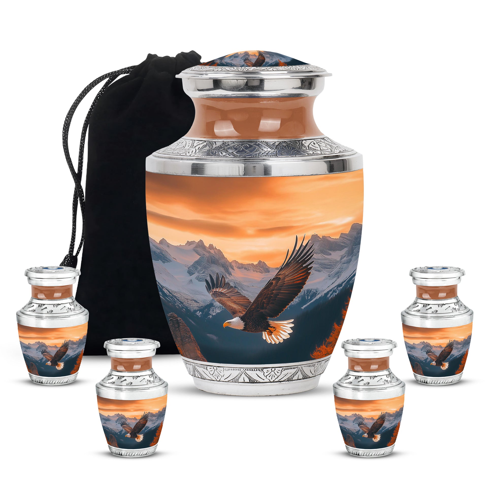 Sunrise Gold Eagle Cremation Urn lifestyle display on memorial shelf - modern art-inspired eagle motif on sleek aluminum - memorial set with one large and four small urns