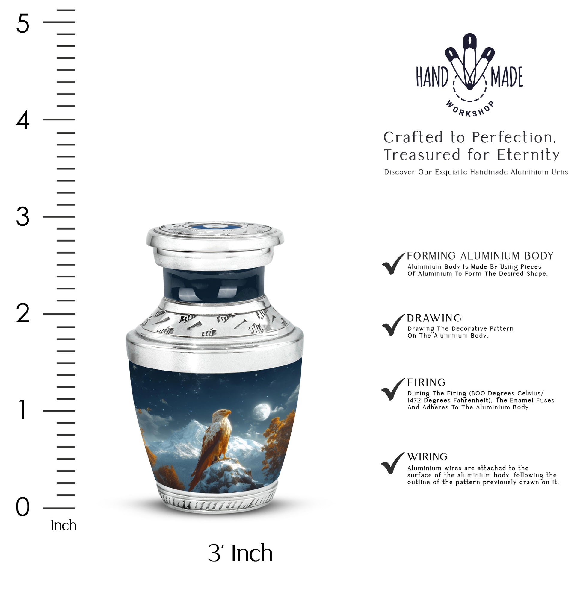 Sapphire Blue Eagle Cremation Urn top-down view of secure threaded lid - artistic eagle interpretation with creative detail - mini keepsake memorial for portion of cremation ashes