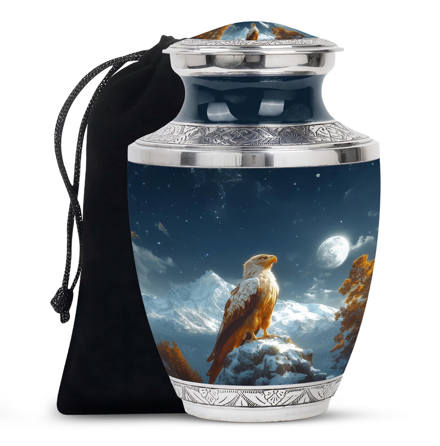 Vivid Blue Eagle Cremation Urn side profile showing urn shape - stylized abstract eagle pattern with bold lines - full-size 10 inch 200 cubic inch adult cremation urn
