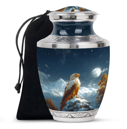 Vivid Blue Eagle Cremation Urn side profile showing urn shape - stylized abstract eagle pattern with bold lines - full-size 10 inch 200 cubic inch adult cremation urn
