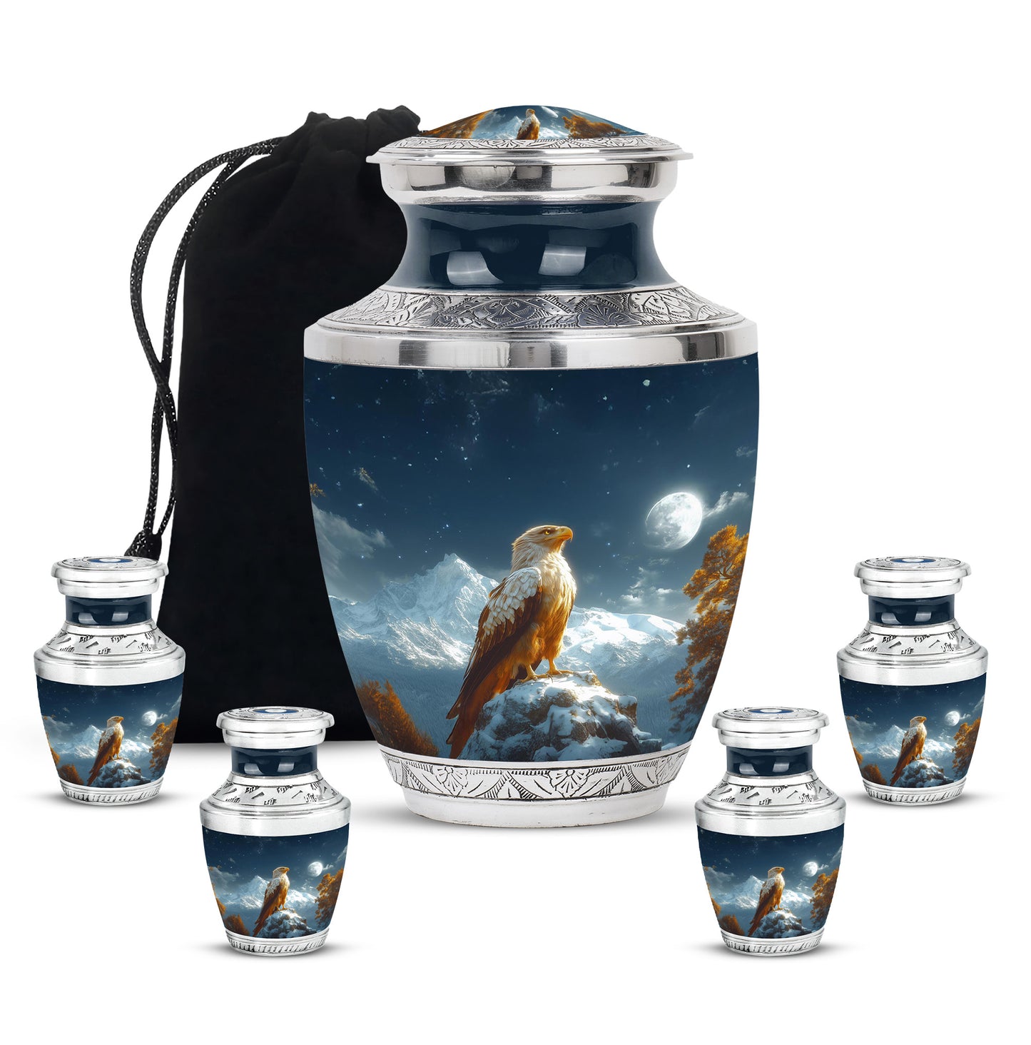 Calming Blue Eagle Cremation Urn lifestyle display on memorial shelf - stylized abstract eagle pattern with bold lines - memorial set with one large and four small urns