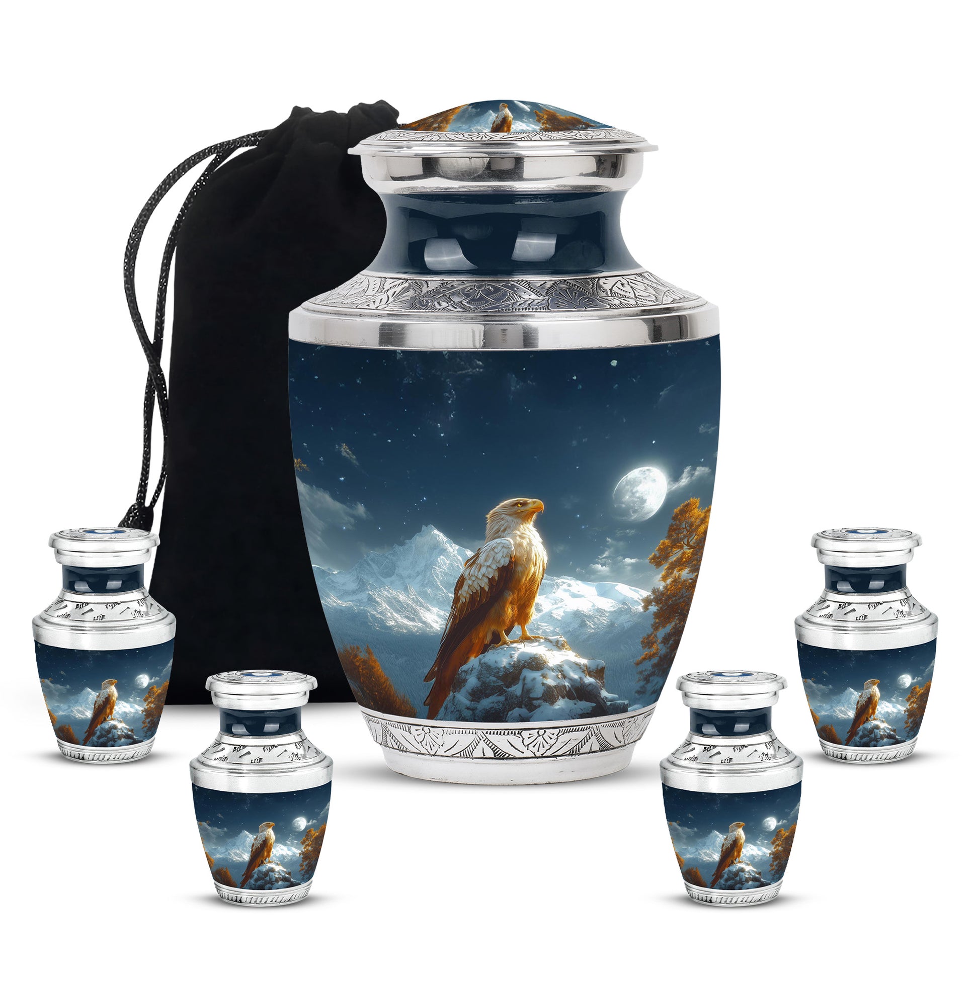 Calming Blue Eagle Cremation Urn lifestyle display on memorial shelf - stylized abstract eagle pattern with bold lines - memorial set with one large and four small urns