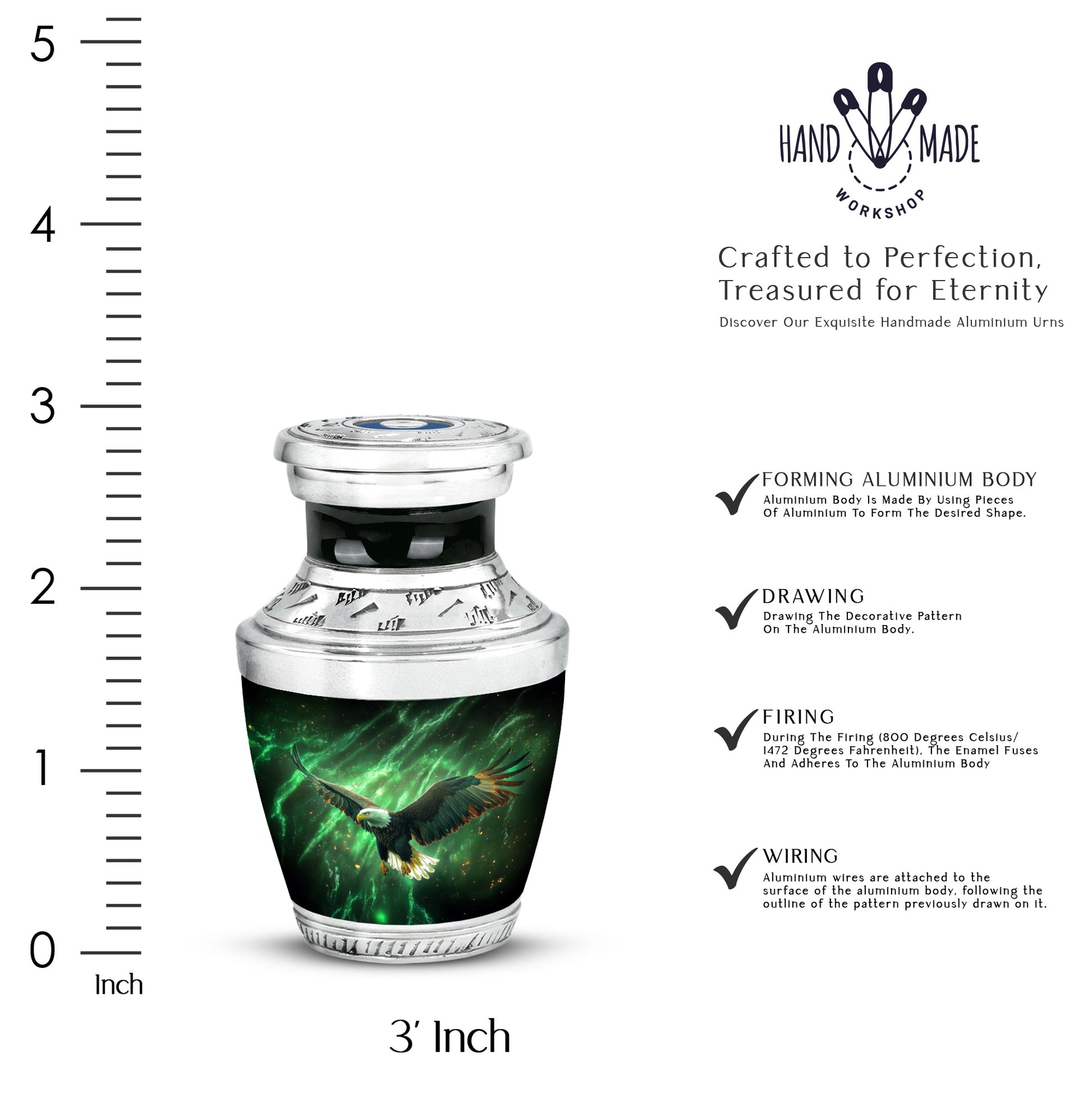 Pine Green Eagle Cremation Urn top-down view of secure threaded lid - stylized abstract eagle pattern with bold lines - mini keepsake memorial for portion of cremation ashes