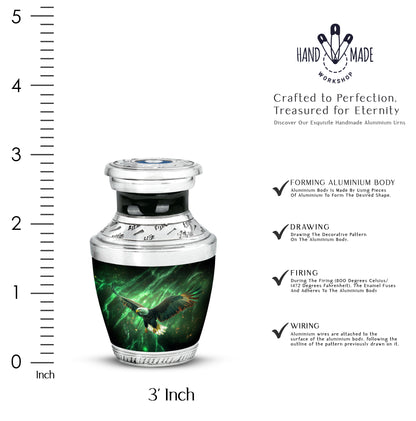 Pine Green Eagle Cremation Urn top-down view of secure threaded lid - stylized abstract eagle pattern with bold lines - mini keepsake memorial for portion of cremation ashes