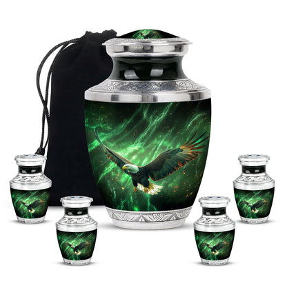 Mint Green Eagle Cremation Urn lifestyle display on memorial shelf - stylized abstract eagle pattern with bold lines - memorial set with one large and four small urns