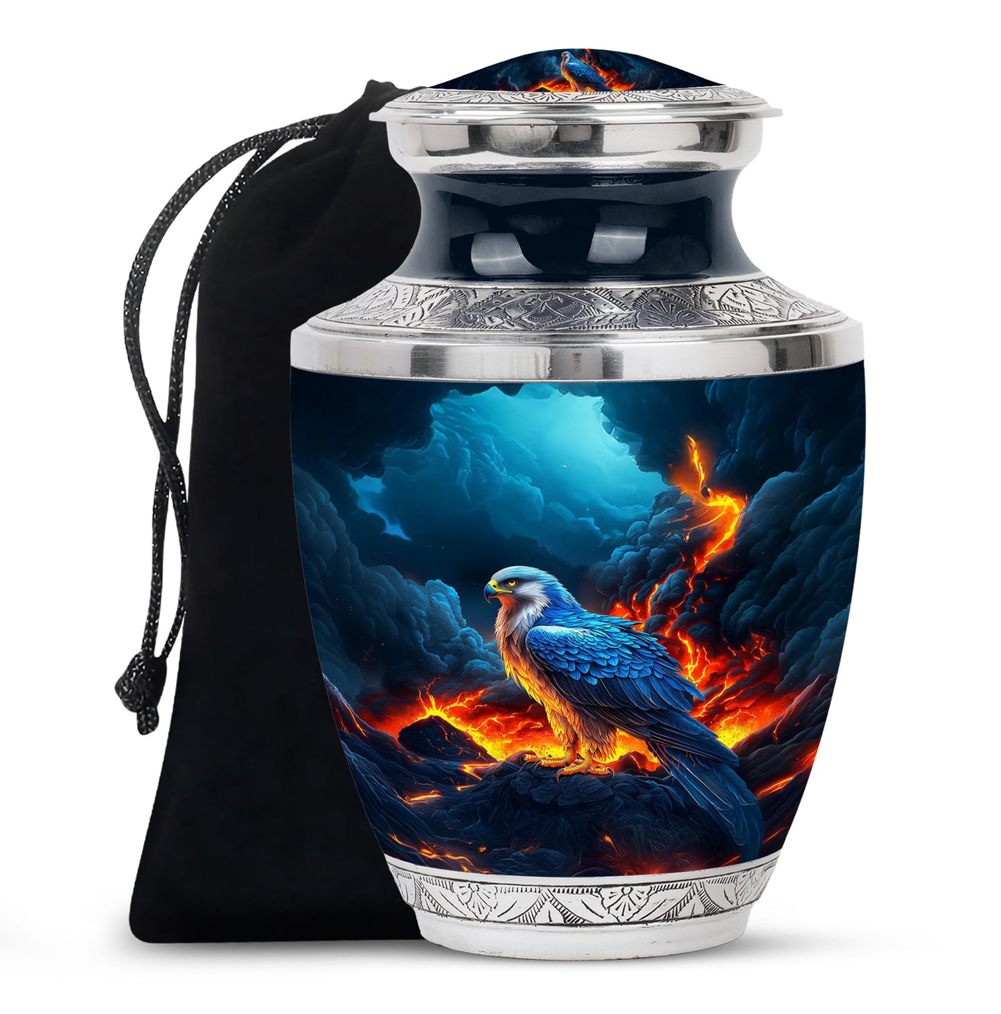 Royal Blue Eagle Cremation Urn side profile showing urn shape - stylized abstract eagle pattern with bold lines - full-size 10 inch 200 cubic inch adult cremation urn
