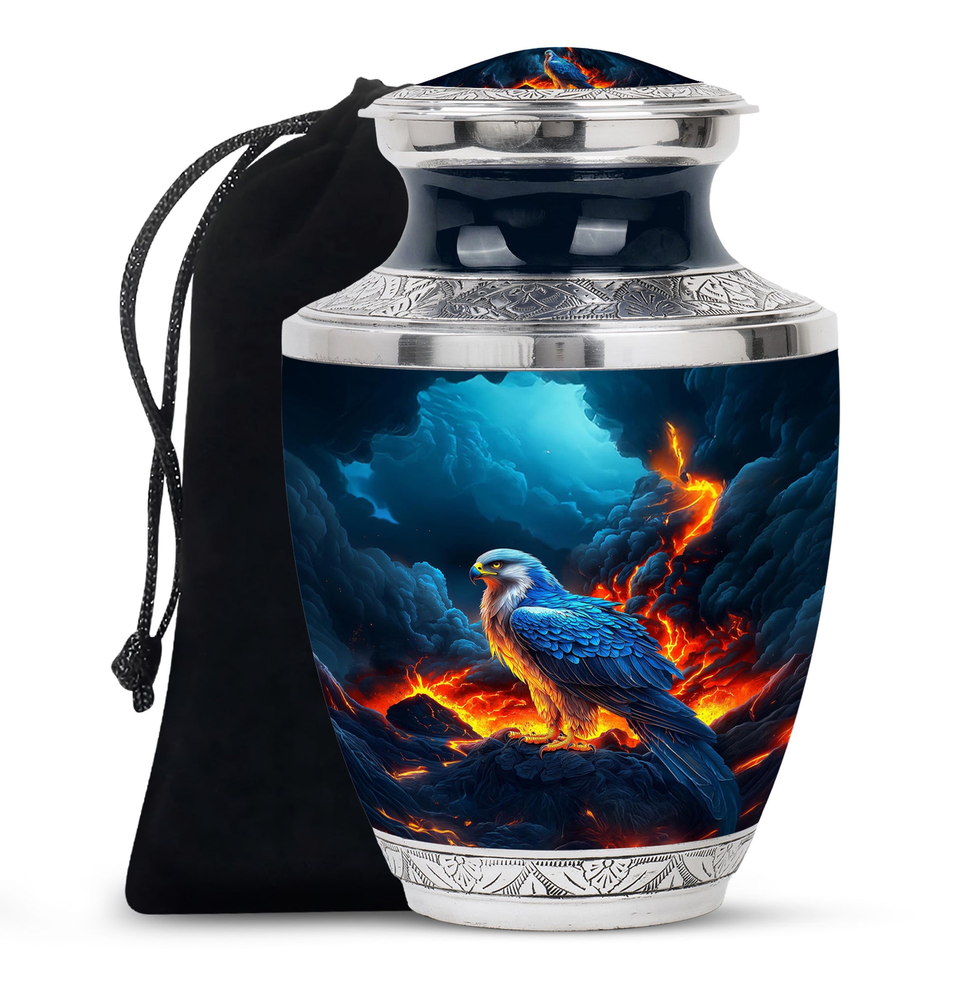 Royal Blue Eagle Cremation Urn side profile showing urn shape - stylized abstract eagle pattern with bold lines - full-size 10 inch 200 cubic inch adult cremation urn