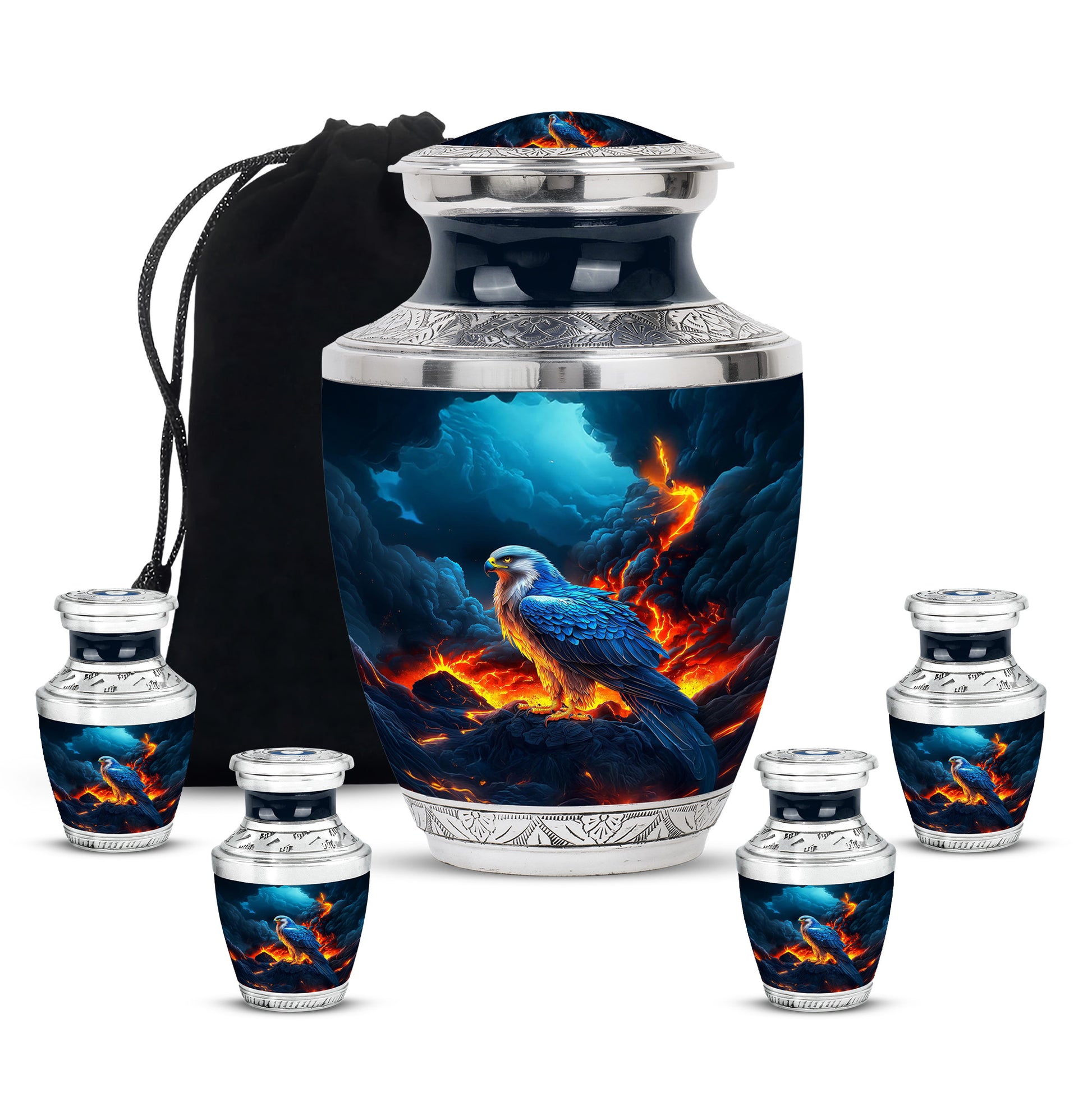 Vivid Blue Eagle Cremation Urn lifestyle display on memorial shelf - artistic eagle interpretation with creative detail - memorial set with one large and four small urns