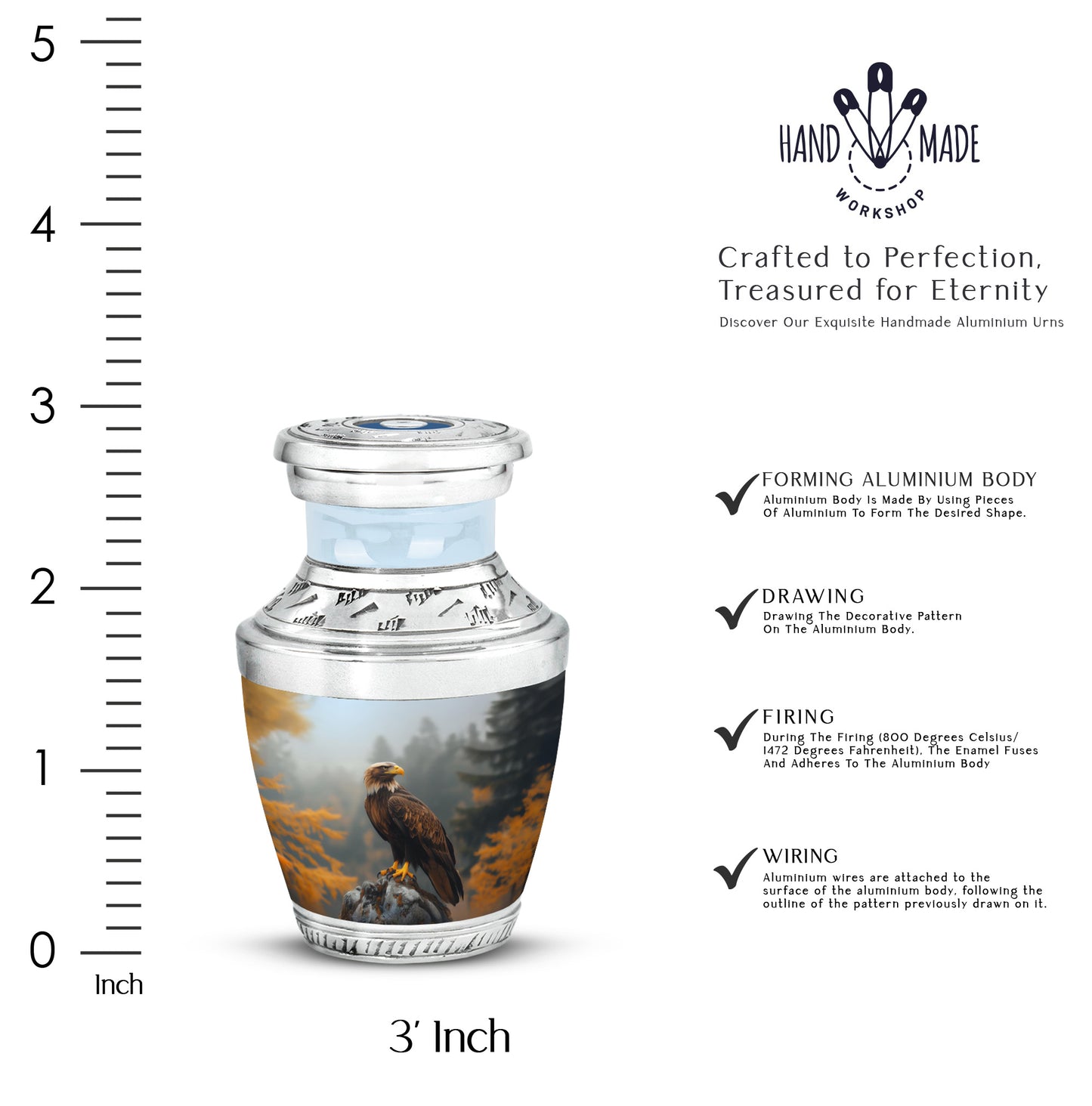 Charcoal Black Eagle Cremation Urn top-down view of secure threaded lid - artistic eagle interpretation with creative detail - mini keepsake memorial for portion of cremation ashes