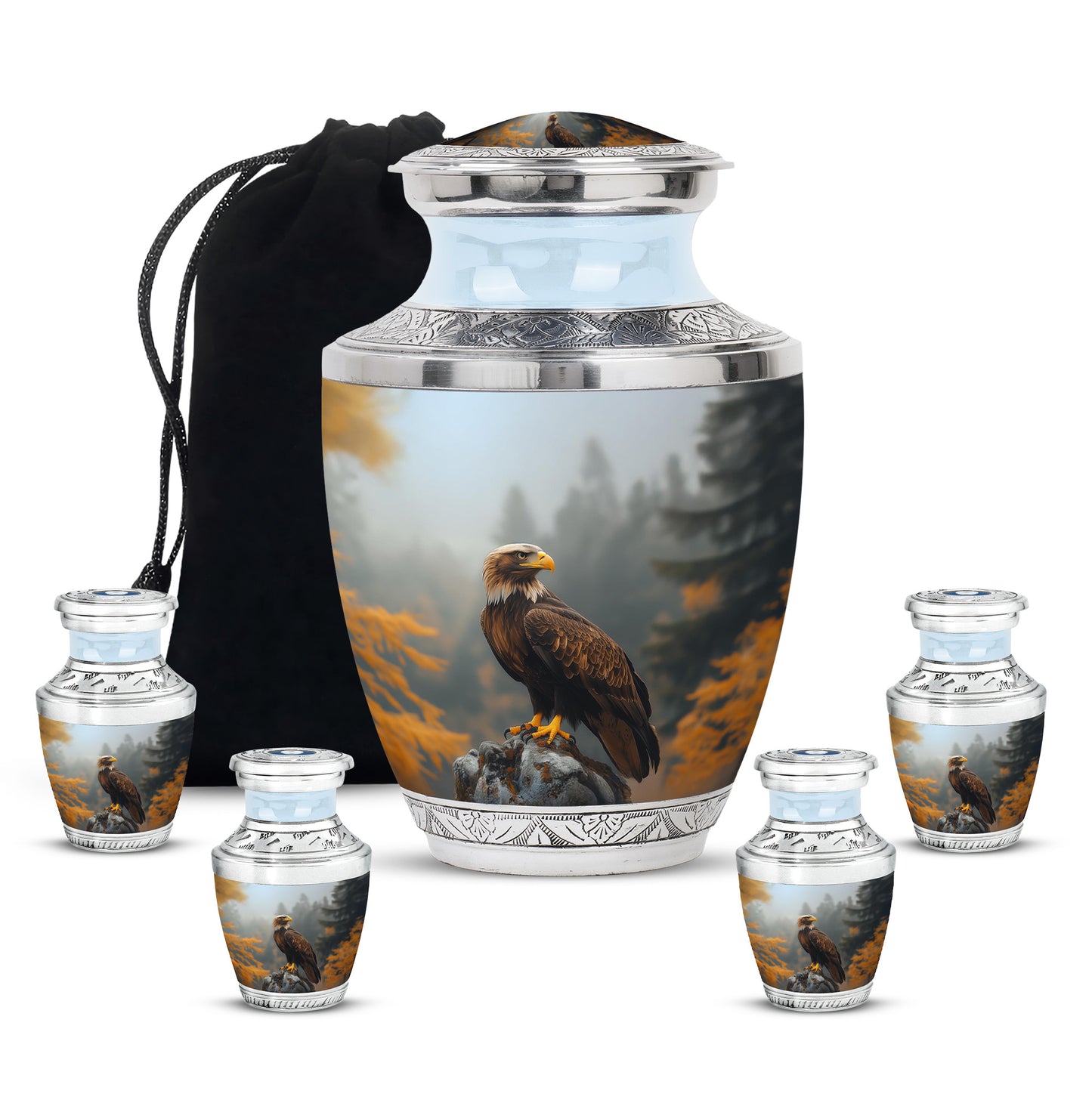 Ebony Eagle Cremation Urn lifestyle display on memorial shelf - modern art-inspired eagle motif on sleek aluminum - memorial set with one large and four small urns