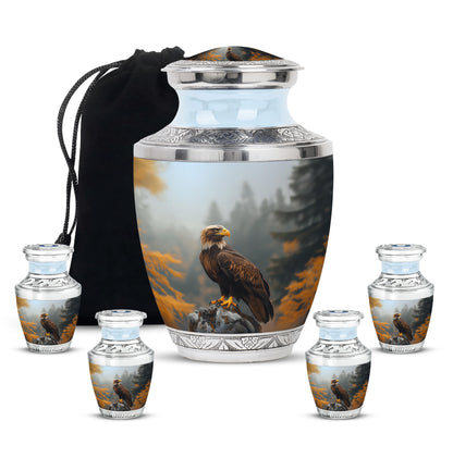 Ebony Eagle Cremation Urn lifestyle display on memorial shelf - modern art-inspired eagle motif on sleek aluminum - memorial set with one large and four small urns