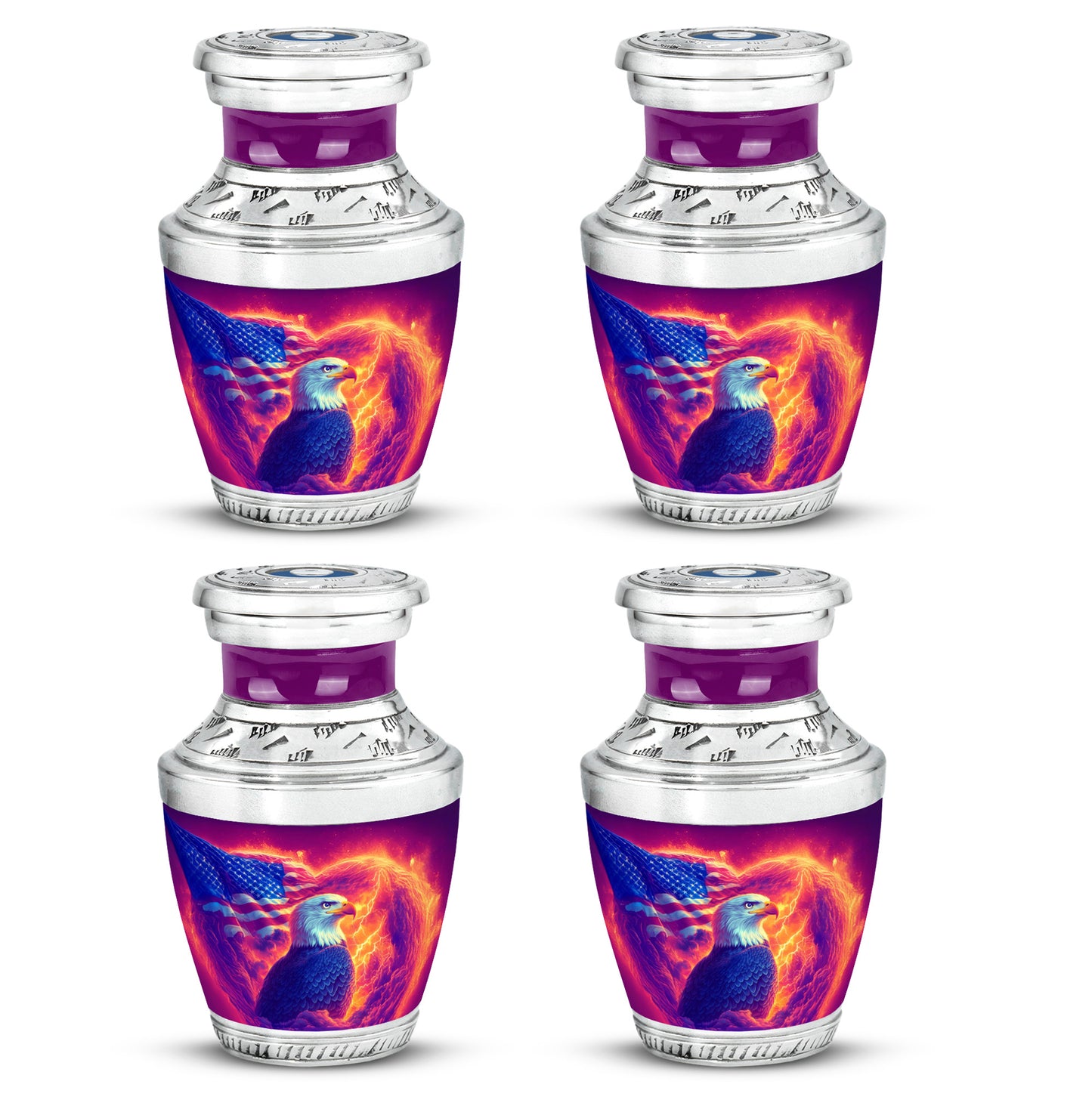 Soft Pink Eagle Cremation Urn back view with polished surface - stylized abstract eagle pattern with bold lines - 10 inch aluminum urn for cremated remains