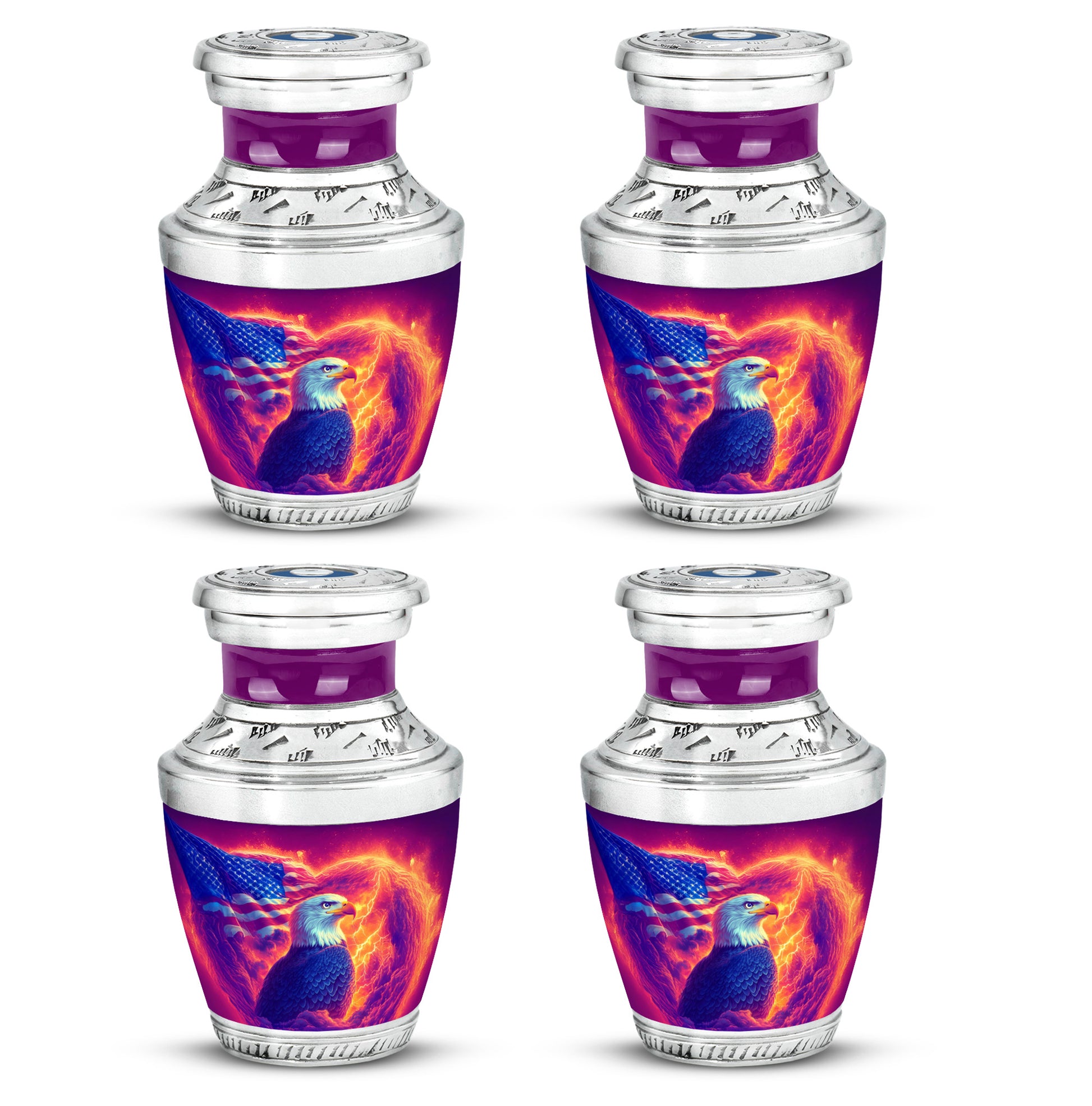 Soft Pink Eagle Cremation Urn back view with polished surface - stylized abstract eagle pattern with bold lines - 10 inch aluminum urn for cremated remains