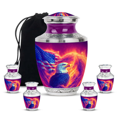 Rose Pink Eagle Cremation Urn lifestyle display on memorial shelf - modern art-inspired eagle motif on sleek aluminum - memorial set with one large and four small urns