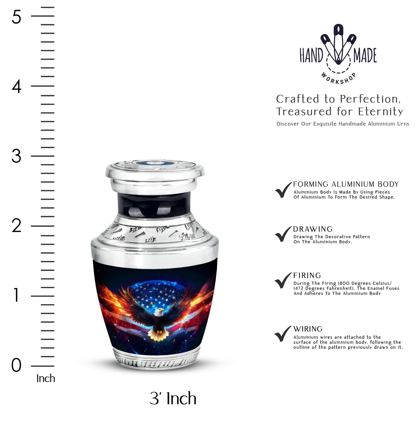 Ebony Eagle Cremation Urn top-down view of secure threaded lid - modern art-inspired eagle motif on sleek aluminum - mini keepsake memorial for portion of cremation ashes