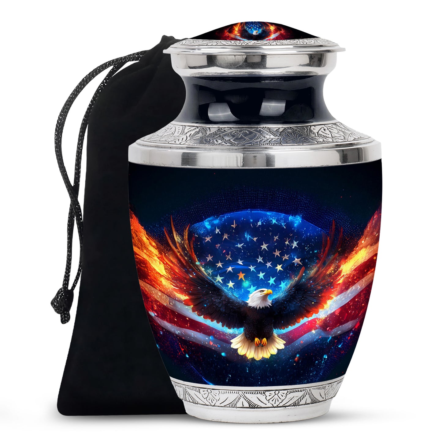 Midnight Black Eagle Cremation Urn side profile showing urn shape - artistic eagle interpretation with creative detail - full-size 10 inch 200 cubic inch adult cremation urn
