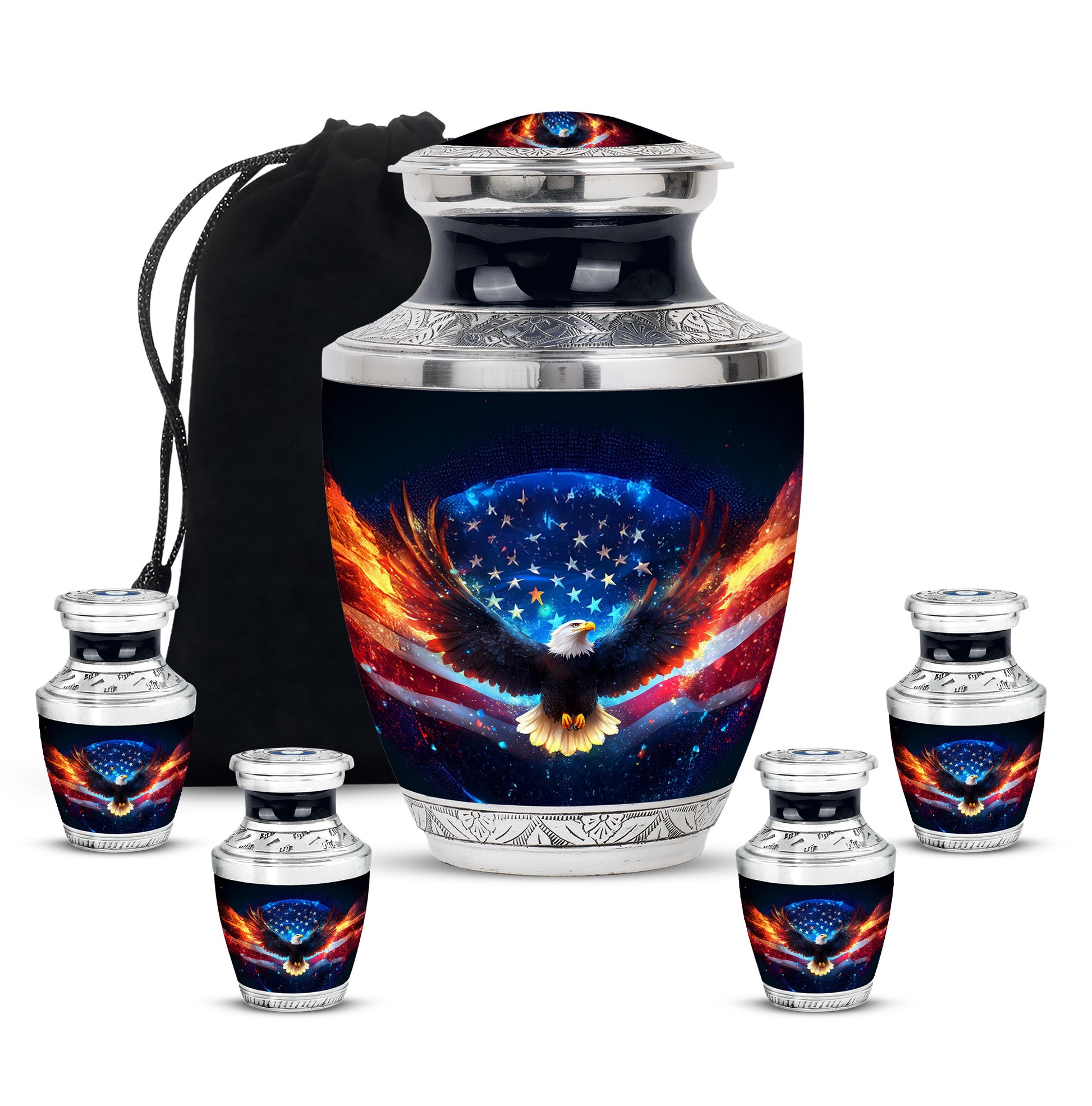 Dark Black Eagle Cremation Urn lifestyle display on memorial shelf - stylized abstract eagle pattern with bold lines - memorial set with one large and four small urns
