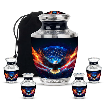Dark Black Eagle Cremation Urn lifestyle display on memorial shelf - stylized abstract eagle pattern with bold lines - memorial set with one large and four small urns