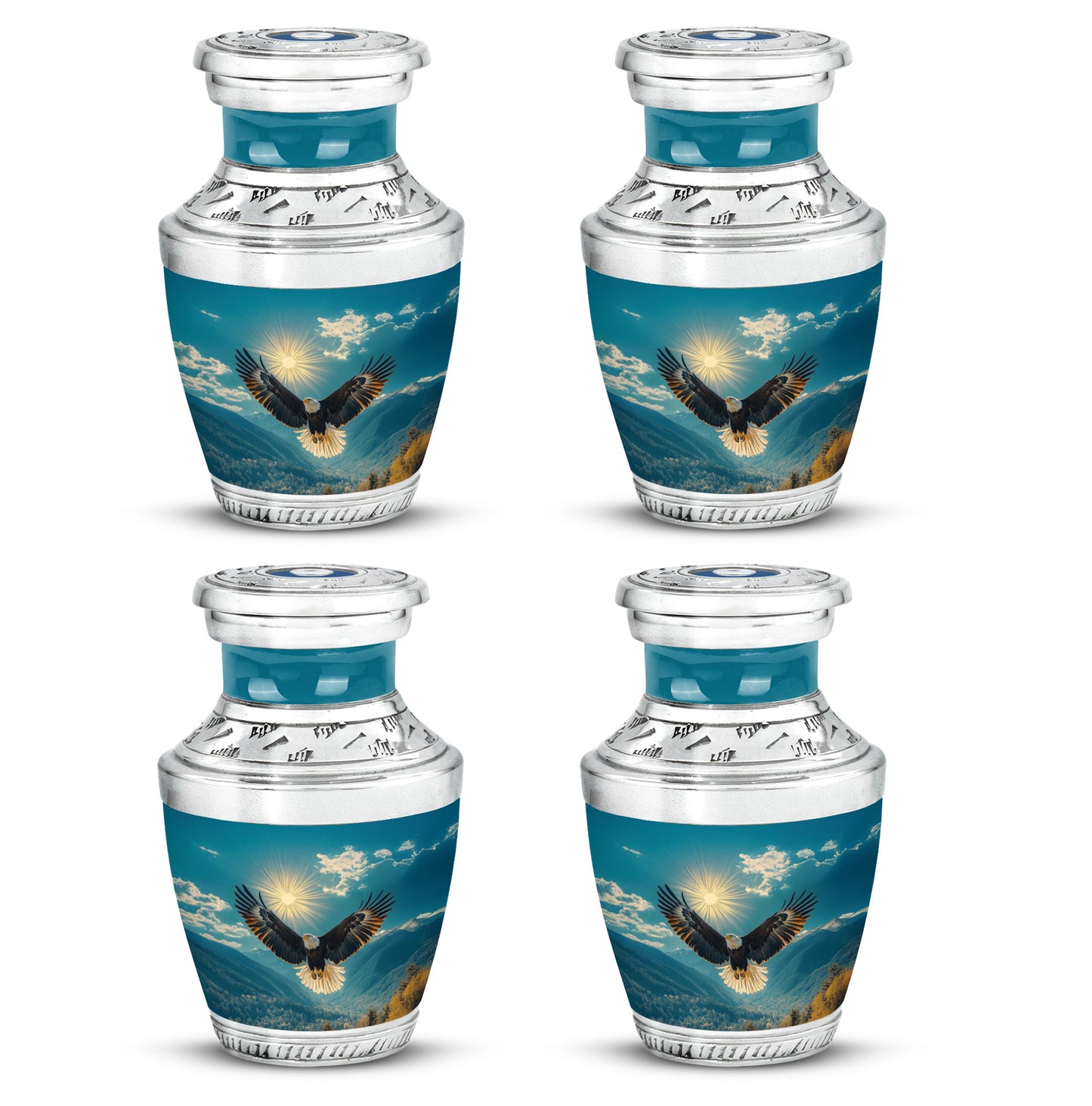 Soft Teal Eagle Cremation Urn back view with polished surface - modern art-inspired eagle motif on sleek aluminum - 10 inch aluminum urn for cremated remains
