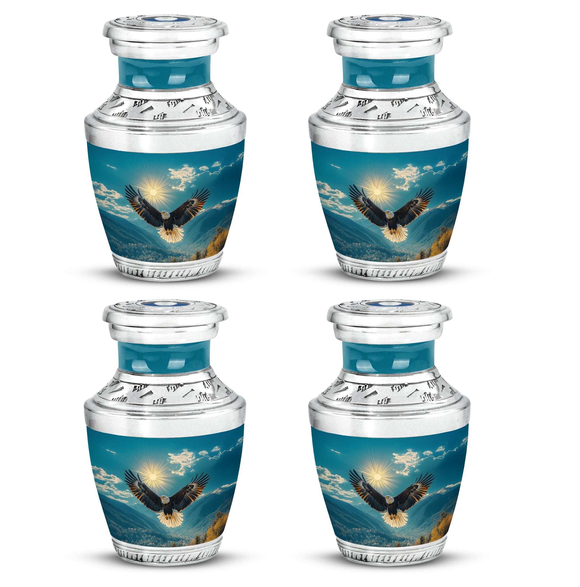 Soft Teal Eagle Cremation Urn back view with polished surface - modern art-inspired eagle motif on sleek aluminum - 10 inch aluminum urn for cremated remains