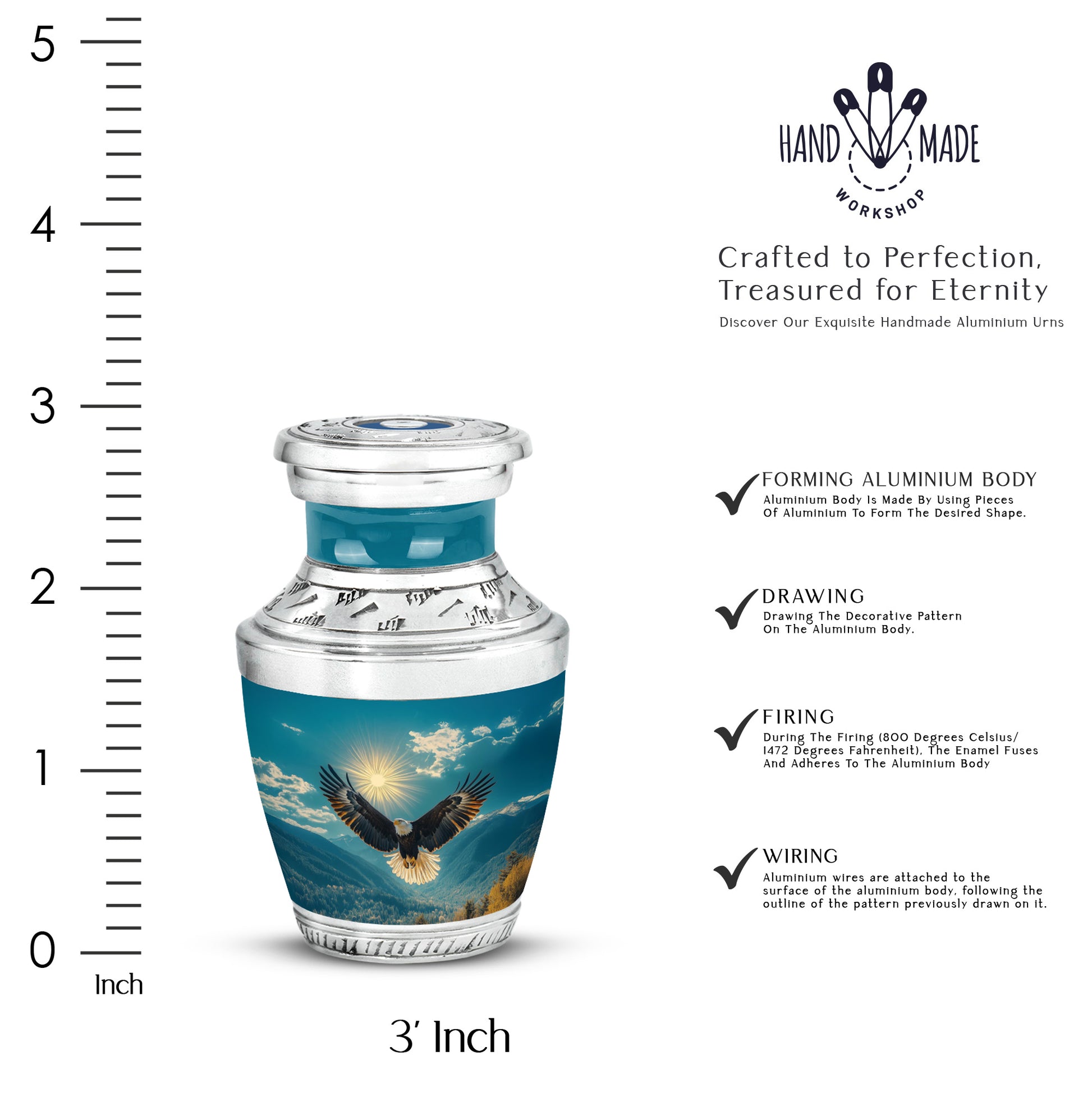 Soft Teal Eagle Cremation Urn top-down view of secure threaded lid - contemporary eagle design with modern artistic flair - mini keepsake memorial for portion of cremation ashes