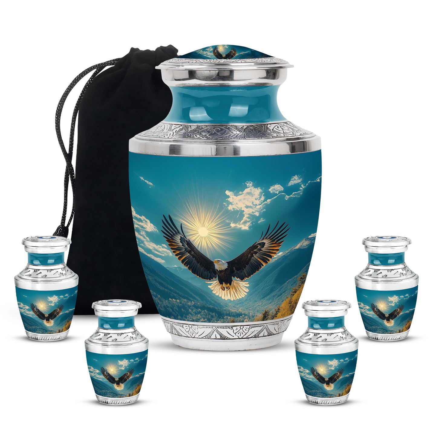 Jewel Teal Eagle Cremation Urn lifestyle display on memorial shelf - contemporary eagle design with modern artistic flair - memorial set with one large and four small urns
