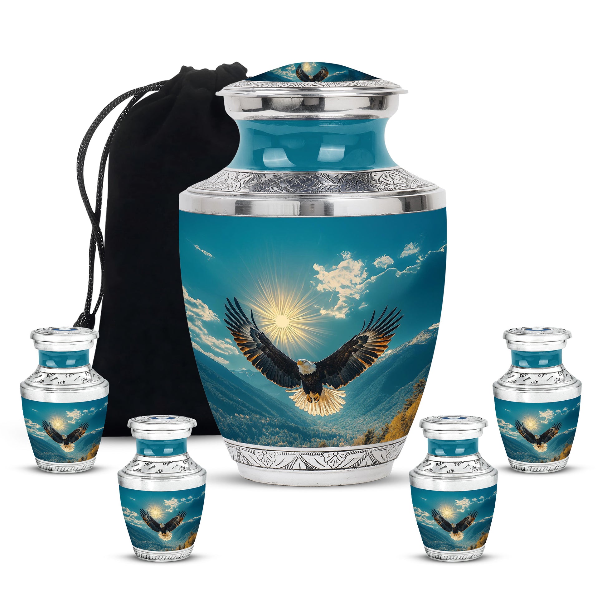 Jewel Teal Eagle Cremation Urn lifestyle display on memorial shelf - contemporary eagle design with modern artistic flair - memorial set with one large and four small urns
