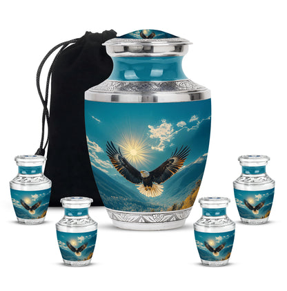 Jewel Teal Eagle Cremation Urn lifestyle display on memorial shelf - contemporary eagle design with modern artistic flair - memorial set with one large and four small urns