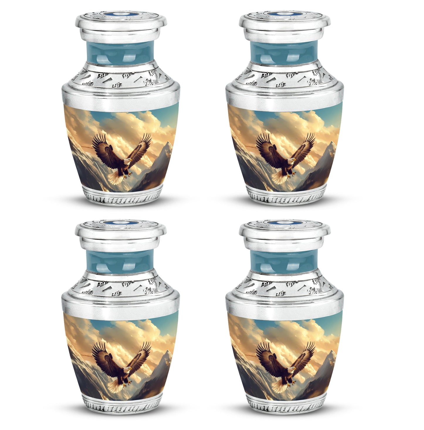 Steel Blue Eagle Cremation Urn back view with polished surface - artistic eagle interpretation with creative detail - 10 inch aluminum urn for cremated remains