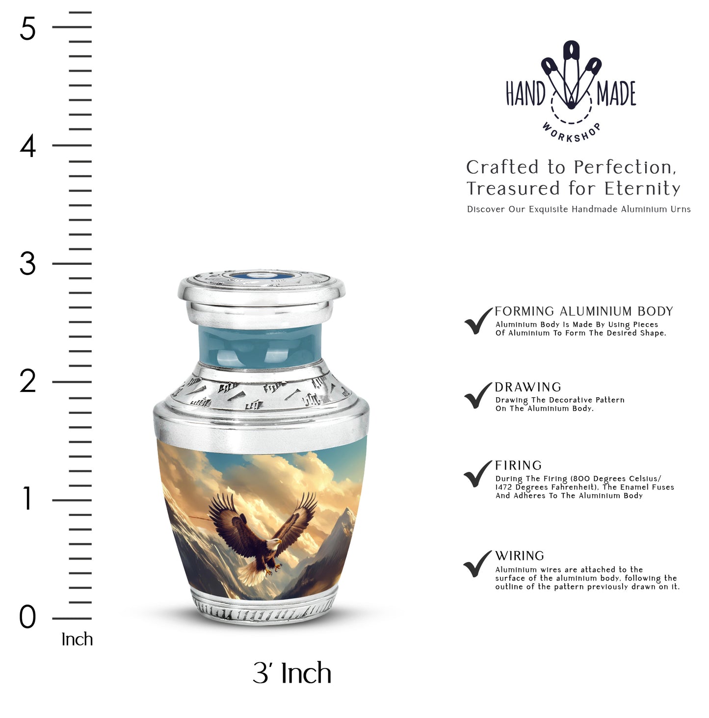 Royal Blue Eagle Cremation Urn top-down view of secure threaded lid - stylized abstract eagle pattern with bold lines - mini keepsake memorial for portion of cremation ashes