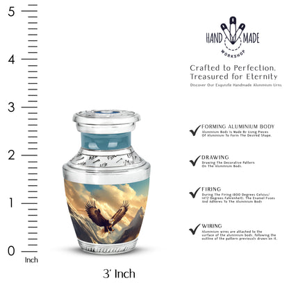 Royal Blue Eagle Cremation Urn top-down view of secure threaded lid - stylized abstract eagle pattern with bold lines - mini keepsake memorial for portion of cremation ashes