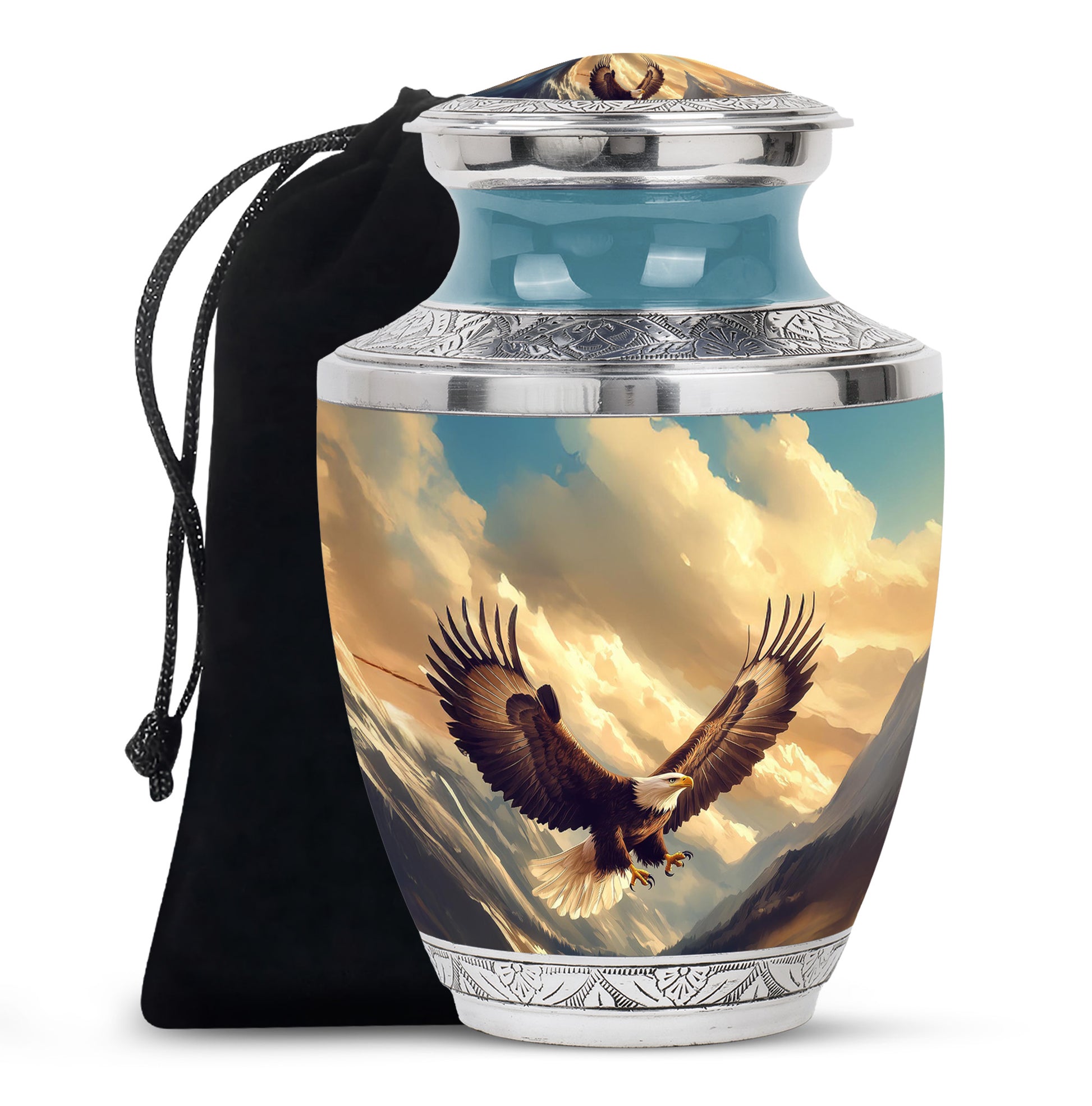 Indigo Eagle Cremation Urn side profile showing urn shape - contemporary eagle design with modern artistic flair - full-size 10 inch 200 cubic inch adult cremation urn