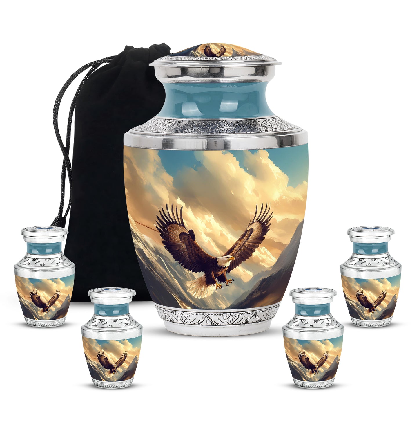 Dusty Blue Eagle Cremation Urn lifestyle display on memorial shelf - modern art-inspired eagle motif on sleek aluminum - memorial set with one large and four small urns