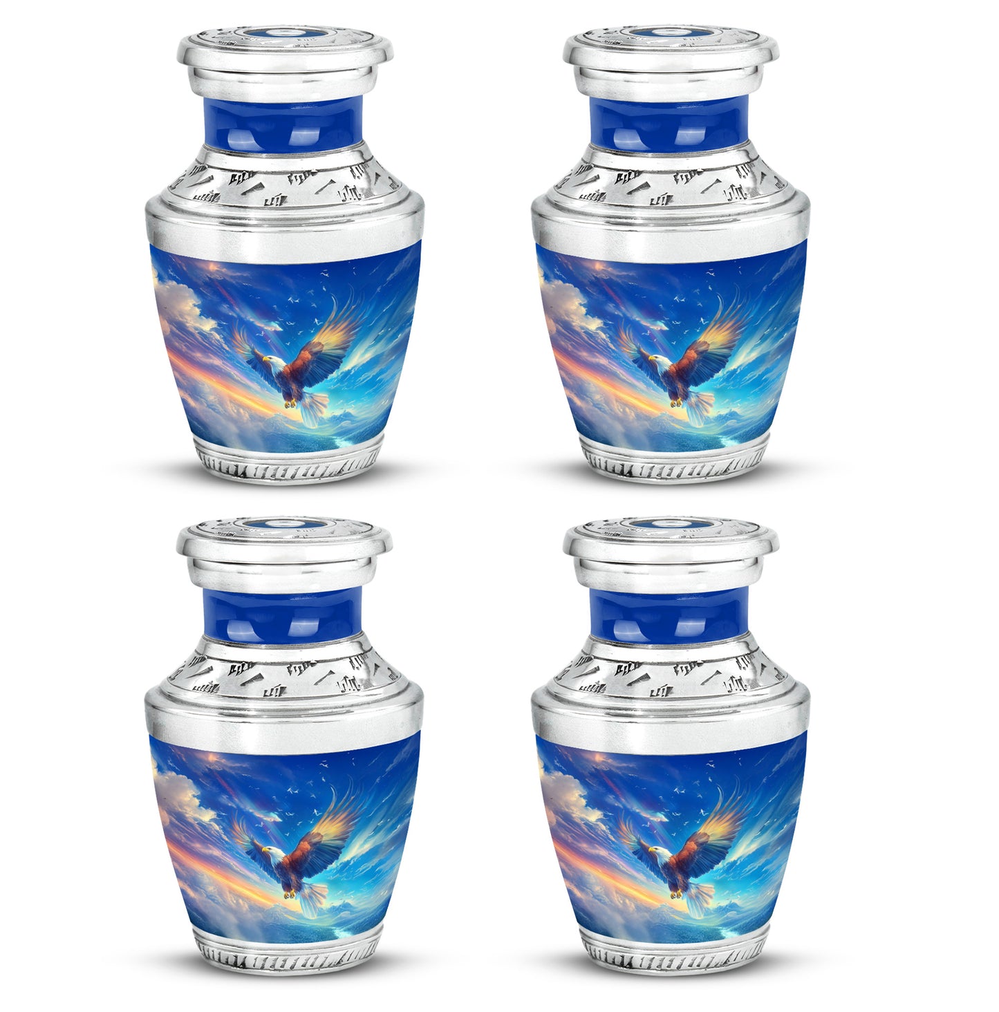 Sky Blue Eagle Cremation Urn back view with polished surface - modern art-inspired eagle motif on sleek aluminum - 10 inch aluminum urn for cremated remains