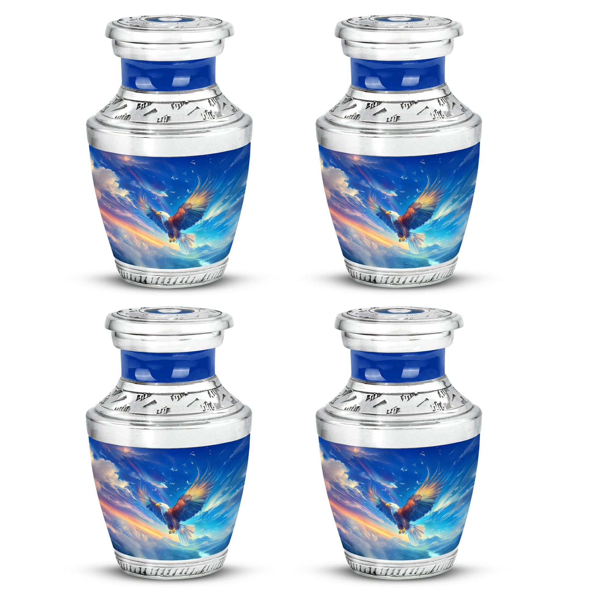Sky Blue Eagle Cremation Urn back view with polished surface - modern art-inspired eagle motif on sleek aluminum - 10 inch aluminum urn for cremated remains