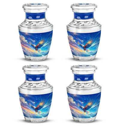 Sky Blue Eagle Cremation Urn back view with polished surface - modern art-inspired eagle motif on sleek aluminum - 10 inch aluminum urn for cremated remains