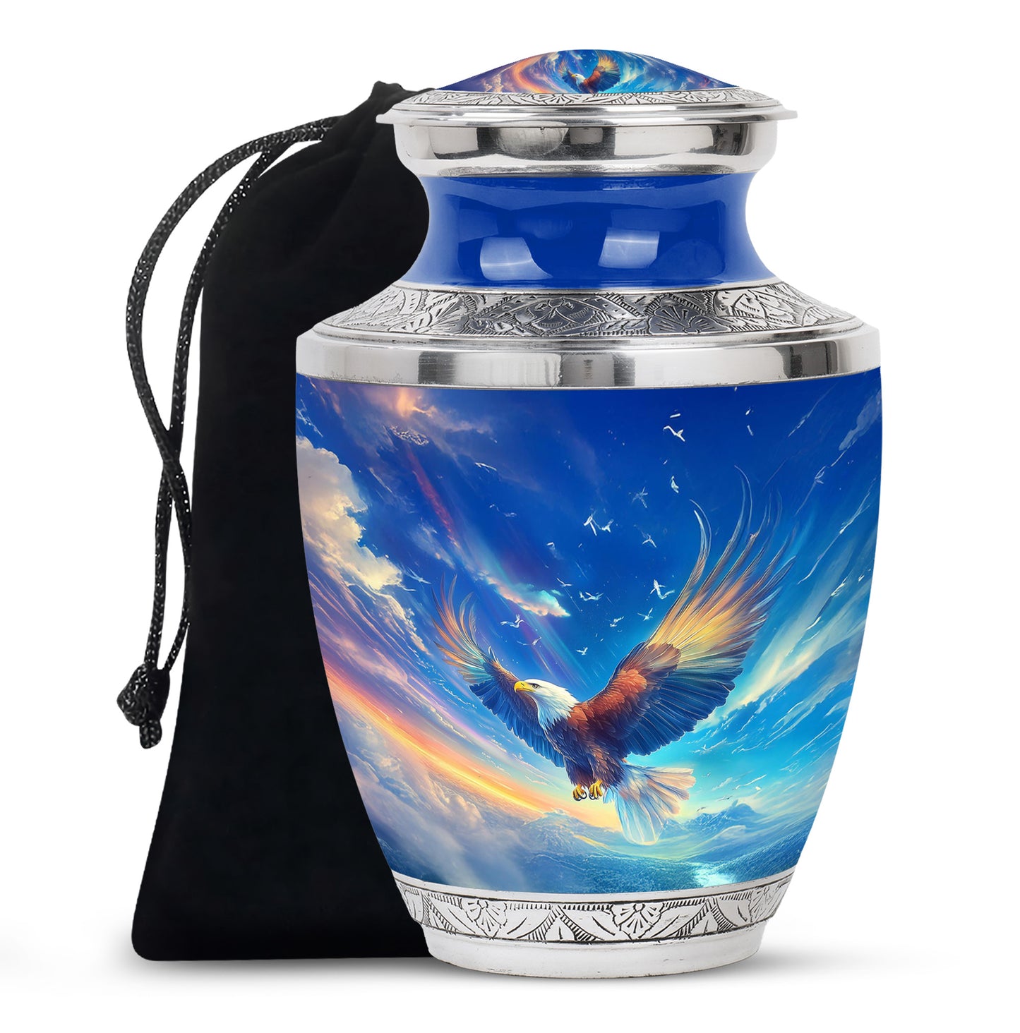 Powder Blue Eagle Cremation Urn side profile showing urn shape - contemporary eagle design with modern artistic flair - full-size 10 inch 200 cubic inch adult cremation urn
