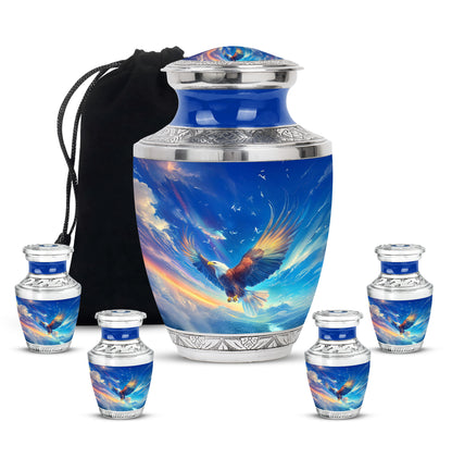 Dusty Blue Eagle Cremation Urn lifestyle display on memorial shelf - contemporary eagle design with modern artistic flair - memorial set with one large and four small urns
